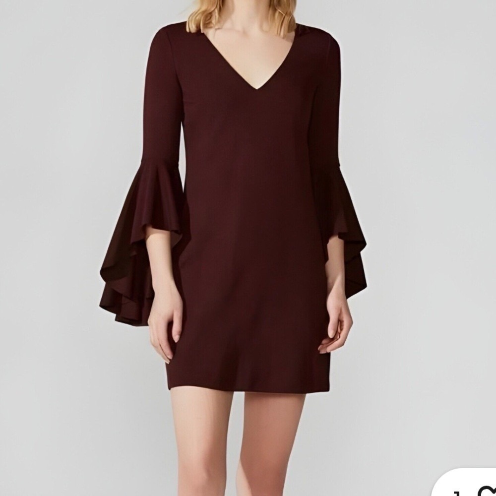 BAILEY 44 Burgundy Bell Sleeve V Neck Shift Dress Made In USA Medium
